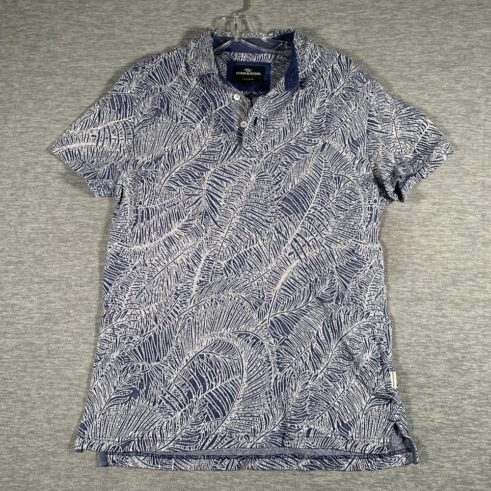 Rodd & Gunn Polo Shirt Mens Small Blue Leaf Print Sports Fit Cotton‎ Tropical